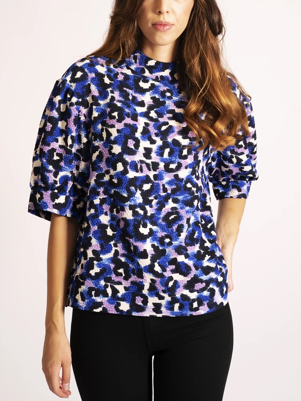 Essentiel Antwerp Accessory Puff Sleeve Top Klein Blue Leopard ASO Maximalist 8